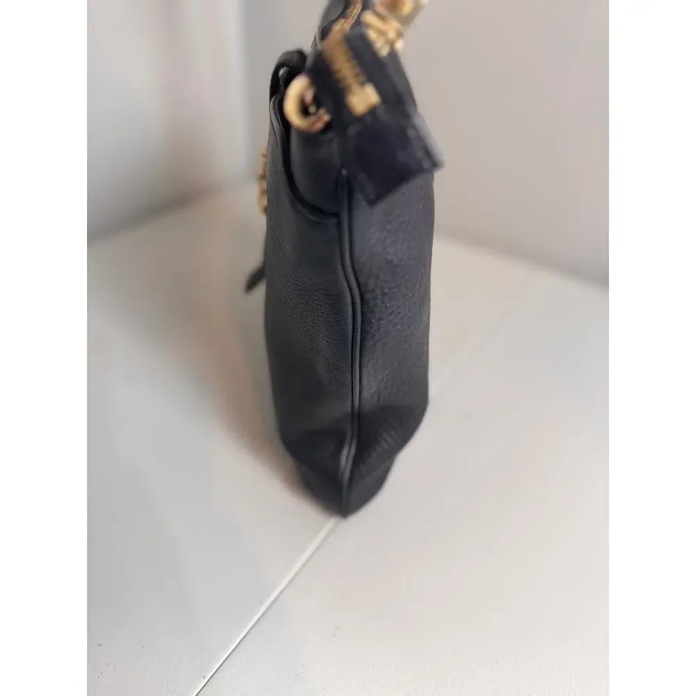 Tory Burch Meyer pebbled black leather crossbody bag gold tone hardware zip top